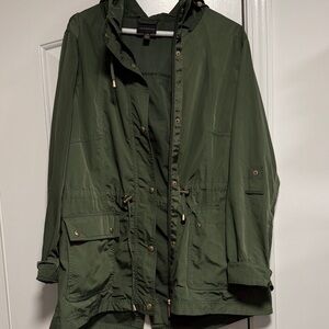 Women's Weatherproof Long Army Green Hooded Rain Jacket
